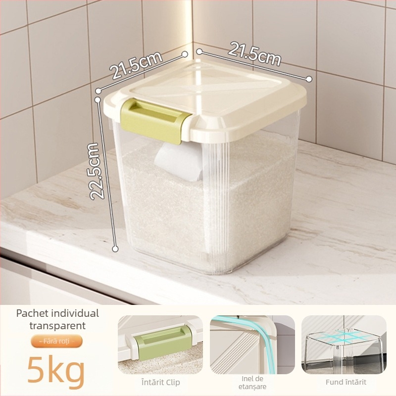 Cutie de depozitare pentru orez; etanșă, rezistentă la umezeală și dăunători; material plastic (PP); capacitate 10 L sau mai mare; posibilitatea imprimării logo-ului.