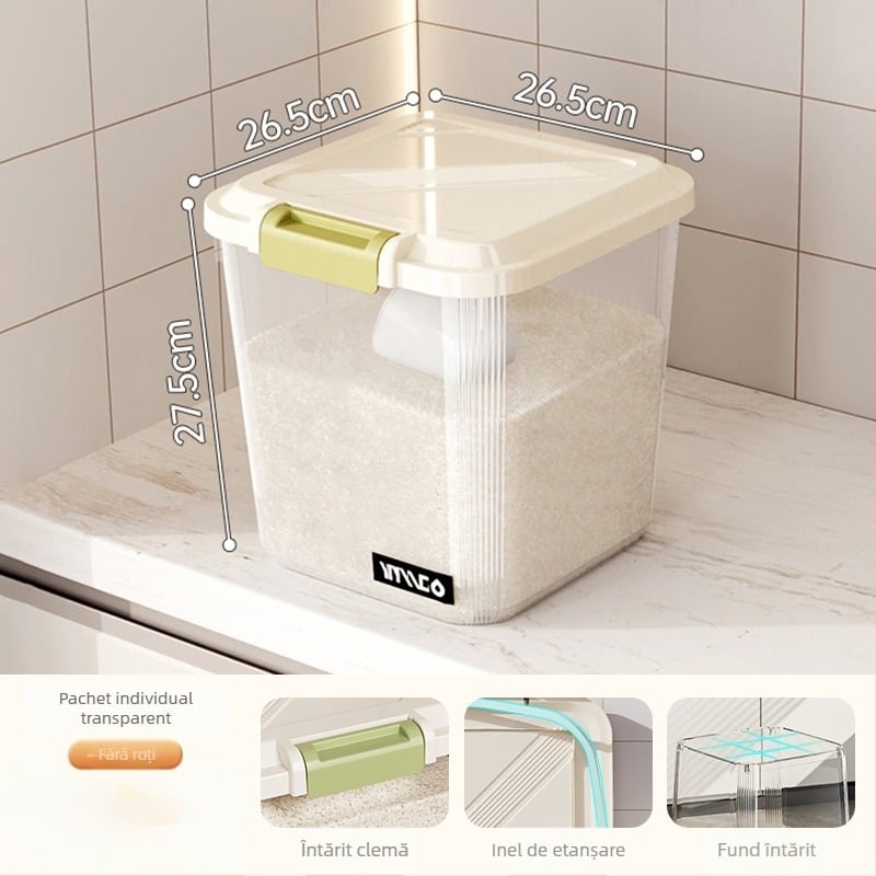 Cutie de depozitare pentru orez; etanșă, rezistentă la umezeală și dăunători; material plastic (PP); capacitate 10 L sau mai mare; posibilitatea imprimării logo-ului.