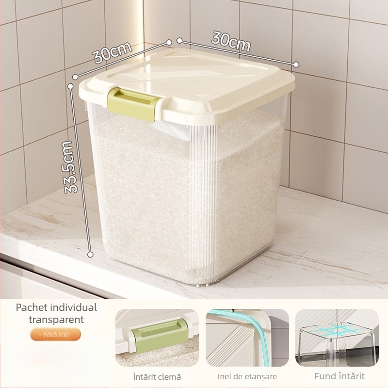 Cutie de depozitare pentru orez; etanșă, rezistentă la umezeală și dăunători; material plastic (PP); capacitate 10 L sau mai mare; posibilitatea imprimării logo-ului.