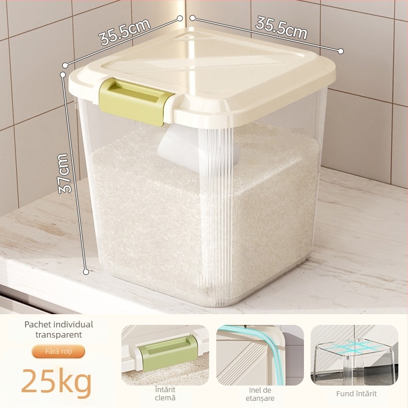 Cutie de depozitare pentru orez; etanșă, rezistentă la umezeală și dăunători; material plastic (PP); capacitate 10 L sau mai mare; posibilitatea imprimării logo-ului.