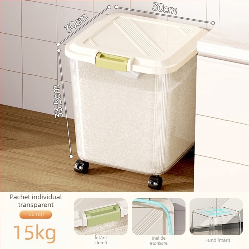 Cutie de depozitare pentru orez; etanșă, rezistentă la umezeală și dăunători; material plastic (PP); capacitate 10 L sau mai mare; posibilitatea imprimării logo-ului.
