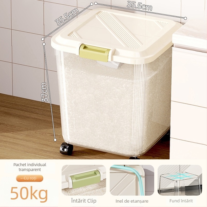 Cutie de depozitare pentru orez; etanșă, rezistentă la umezeală și dăunători; material plastic (PP); capacitate 10 L sau mai mare; posibilitatea imprimării logo-ului.