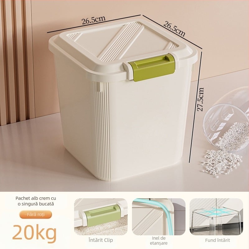 Cutie de depozitare pentru orez; etanșă, rezistentă la umezeală și dăunători; material plastic (PP); capacitate 10 L sau mai mare; posibilitatea imprimării logo-ului.