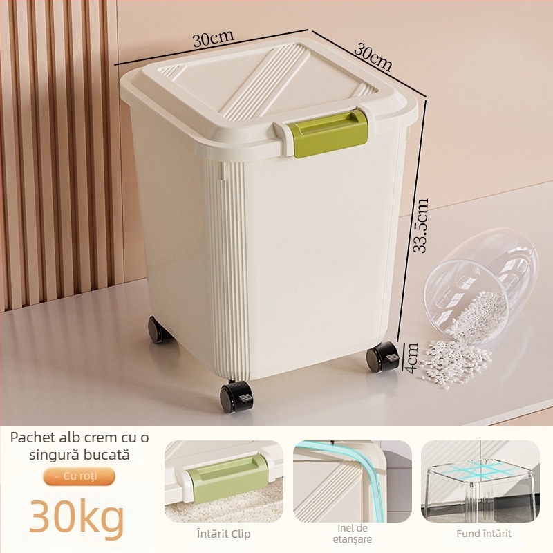 Cutie de depozitare pentru orez; etanșă, rezistentă la umezeală și dăunători; material plastic (PP); capacitate 10 L sau mai mare; posibilitatea imprimării logo-ului.