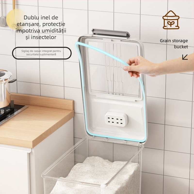 Cutie de depozitare orez cu capac, plastic PP alimentar; etanșă, rezistentă la umiditate și insecte; Mu Ming