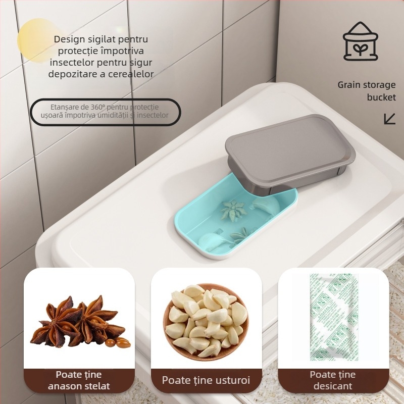 Cutie de depozitare orez cu capac, plastic PP alimentar; etanșă, rezistentă la umiditate și insecte; Mu Ming