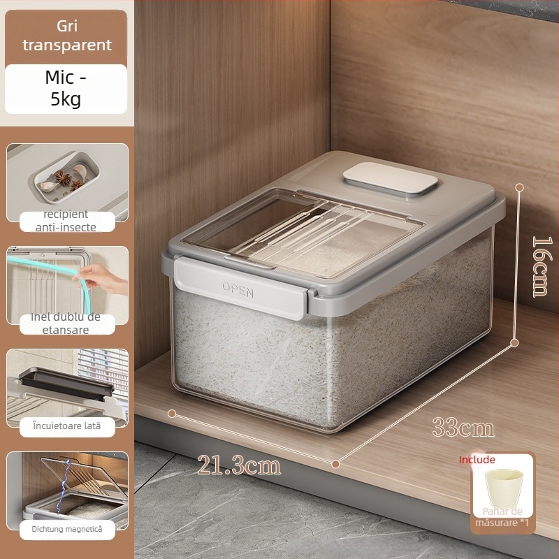 Cutie de depozitare orez cu capac, plastic PP alimentar; etanșă, rezistentă la umiditate și insecte; Mu Ming