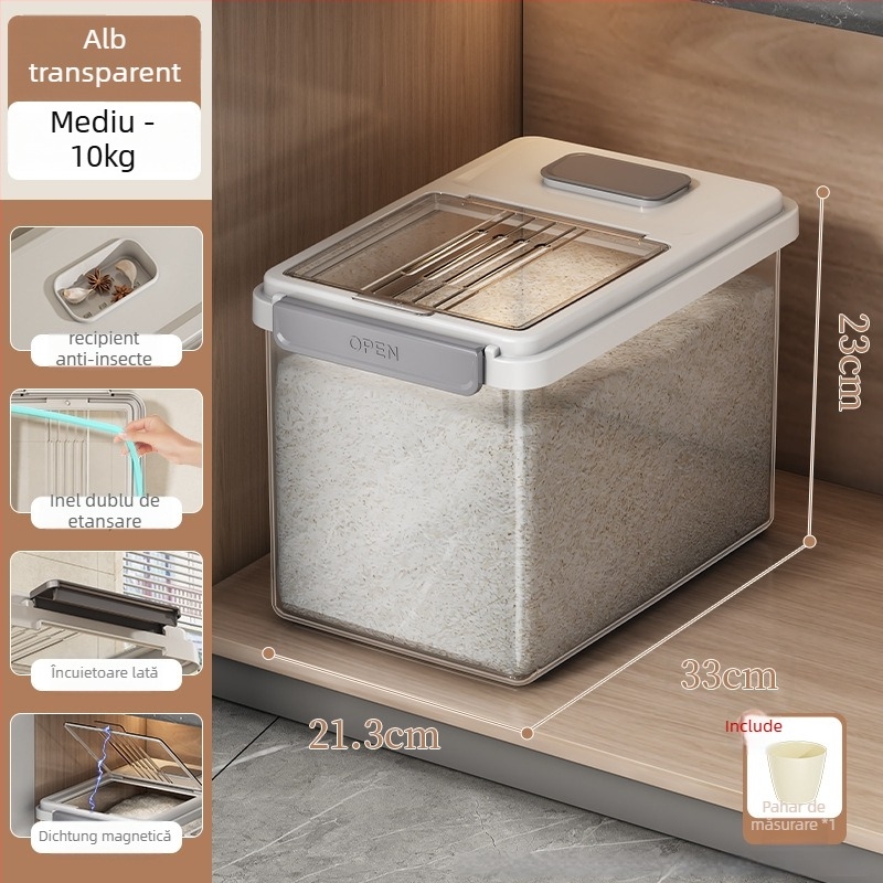 Cutie de depozitare orez cu capac, plastic PP alimentar; etanșă, rezistentă la umiditate și insecte; Mu Ming