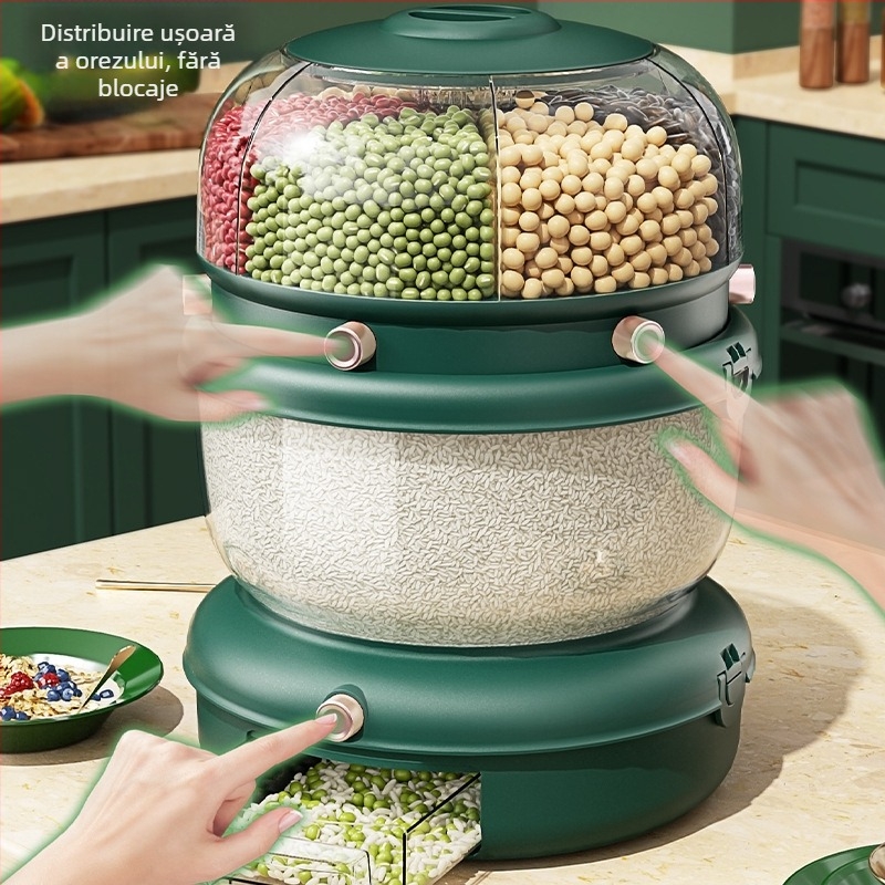 Cutie de depozitare a orezului cu clasificare rotativă a cerealelor, design cu două straturi, 5–6 L, sigilată, rezistentă la umezeală și insecte, plastic PP