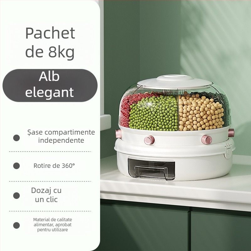 Cutie de depozitare a orezului cu clasificare rotativă a cerealelor, design cu două straturi, 5–6 L, sigilată, rezistentă la umezeală și insecte, plastic PP