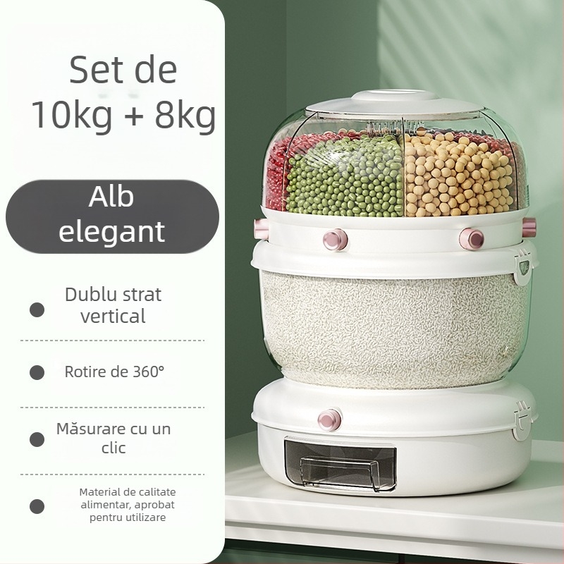 Cutie de depozitare a orezului cu clasificare rotativă a cerealelor, design cu două straturi, 5–6 L, sigilată, rezistentă la umezeală și insecte, plastic PP
