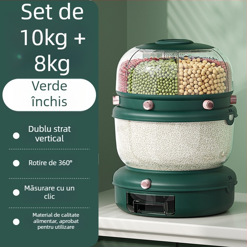 Cutie de depozitare a orezului cu clasificare rotativă a cerealelor, design cu două straturi, 5–6 L, sigilată, rezistentă la umezeală și insecte, plastic PP