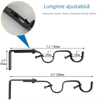 Accesorii pentru perdea - Suport reglabil dublu pentru bara de perdea, Model 04-700-0041/42/43/44/45, Fier, Set șuruburi inclus
