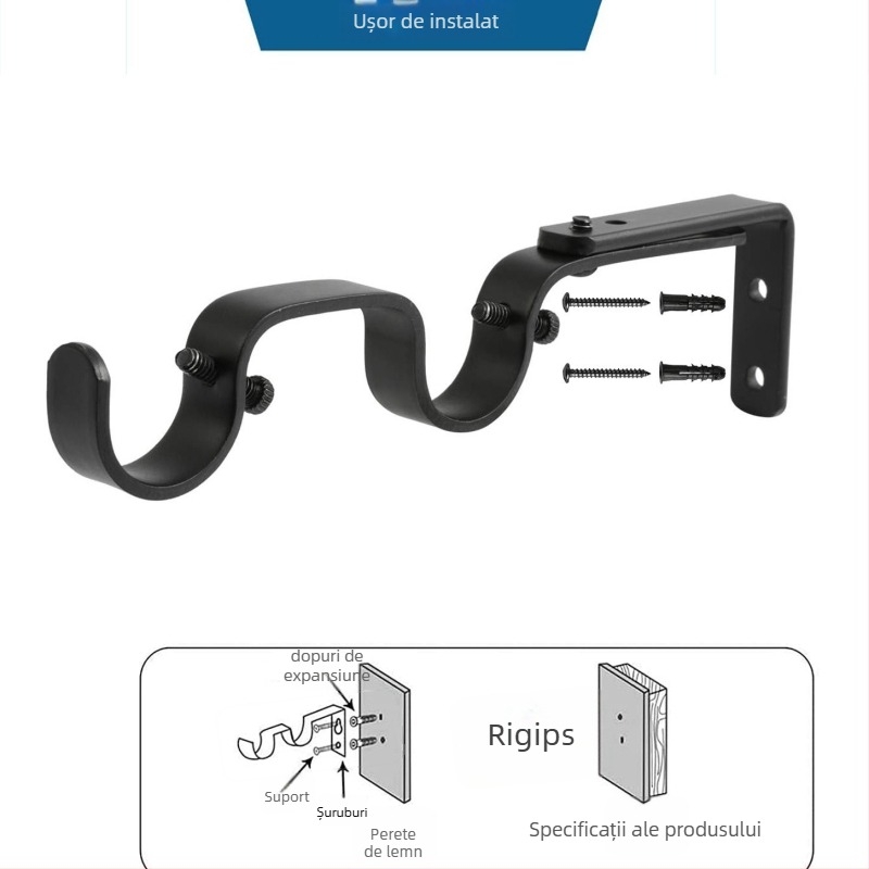 Accesorii pentru perdea - Suport reglabil dublu pentru bara de perdea, Model 04-700-0041/42/43/44/45, Fier, Set șuruburi inclus