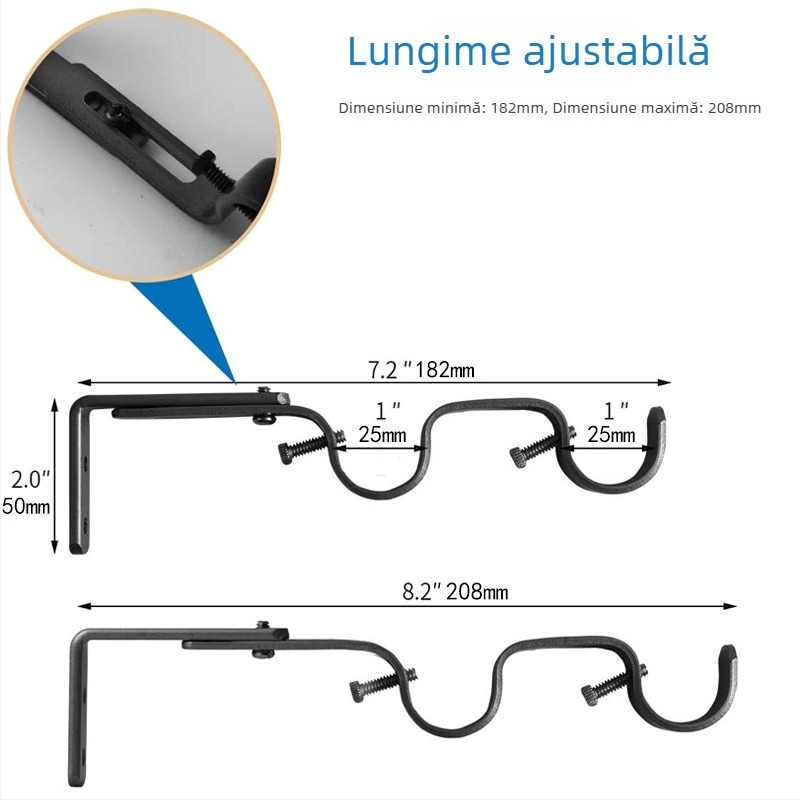 Accesorii pentru perdea - Suport reglabil dublu pentru bara de perdea, Model 04-700-0041/42/43/44/45, Fier, Set șuruburi inclus