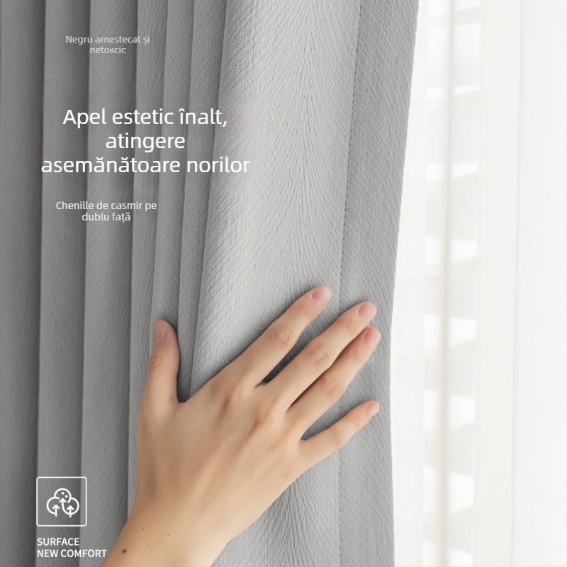 Draperie pentru fereastră dublă AB Chenille pentru living, dormitor și birou — poliester, blocare luminoasă 90–100%, model dungă/monocrom