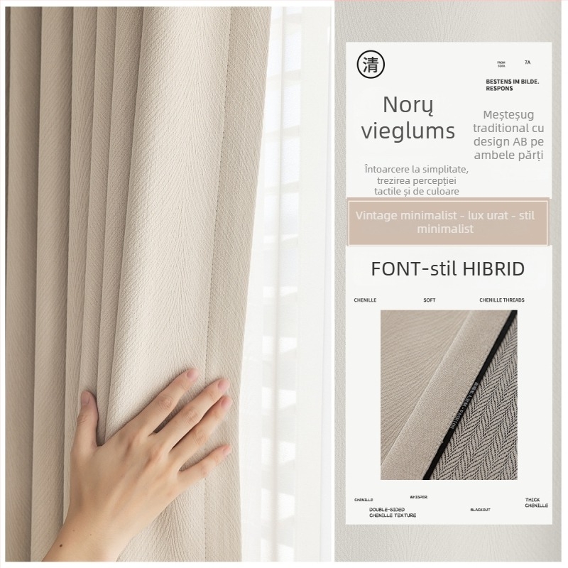 Draperie pentru fereastră dublă AB Chenille pentru living, dormitor și birou — poliester, blocare luminoasă 90–100%, model dungă/monocrom