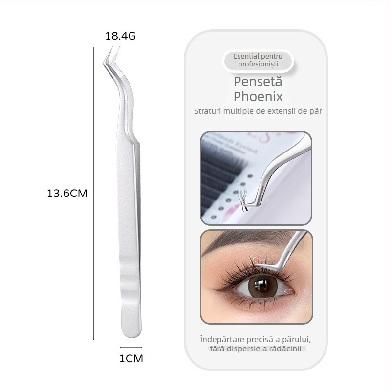 Pincetă profesională pentru extensii gene, design Phoenix, precizie înaltă, oțel inoxidabil