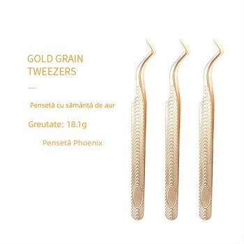 Set de pense pentru gene false — oțel inoxidabil, greutate netă 18 g, pense pentru extensii gene, clips aurii cu pene, unelte de frumusețe