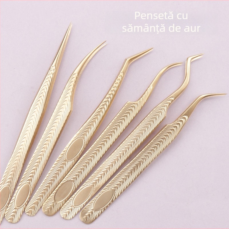 Set de pense pentru gene false — oțel inoxidabil, greutate netă 18 g, pense pentru extensii gene, clips aurii cu pene, unelte de frumusețe