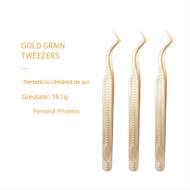 Set de pense pentru gene false — oțel inoxidabil, greutate netă 18 g, pense pentru extensii gene, clips aurii cu pene, unelte de frumusețe