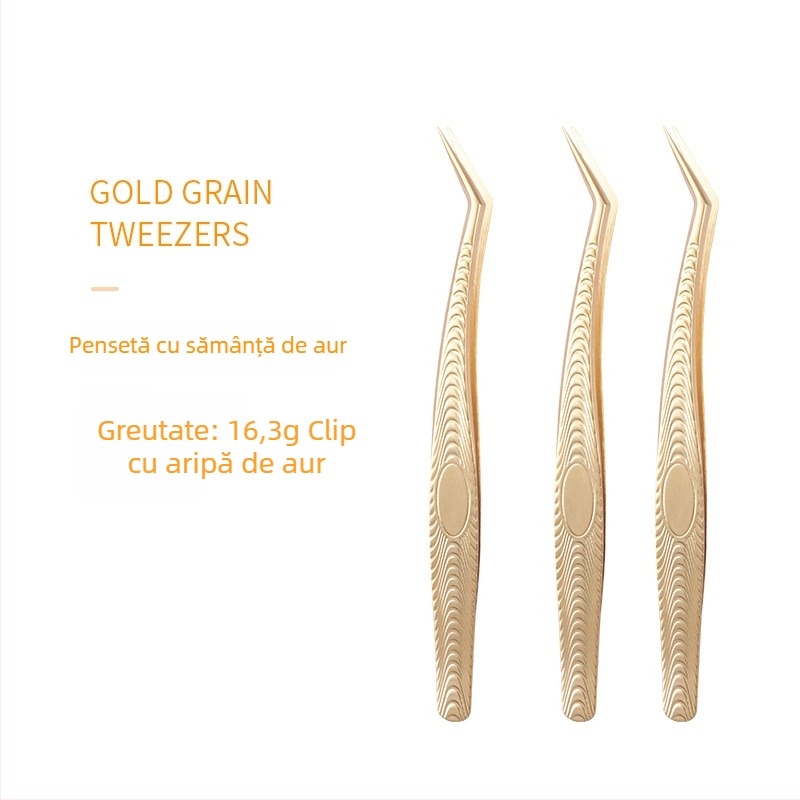 Set de pense pentru gene false — oțel inoxidabil, greutate netă 18 g, pense pentru extensii gene, clips aurii cu pene, unelte de frumusețe