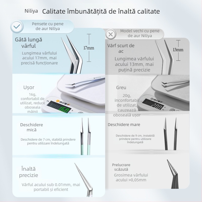 Set de pensete pentru gene: vârf ascuțit, mâner din oțel cu carbon mediu, vârfuri din oțel cu carbon înalt, pensete pentru manual, pensete de precizie pentru gene