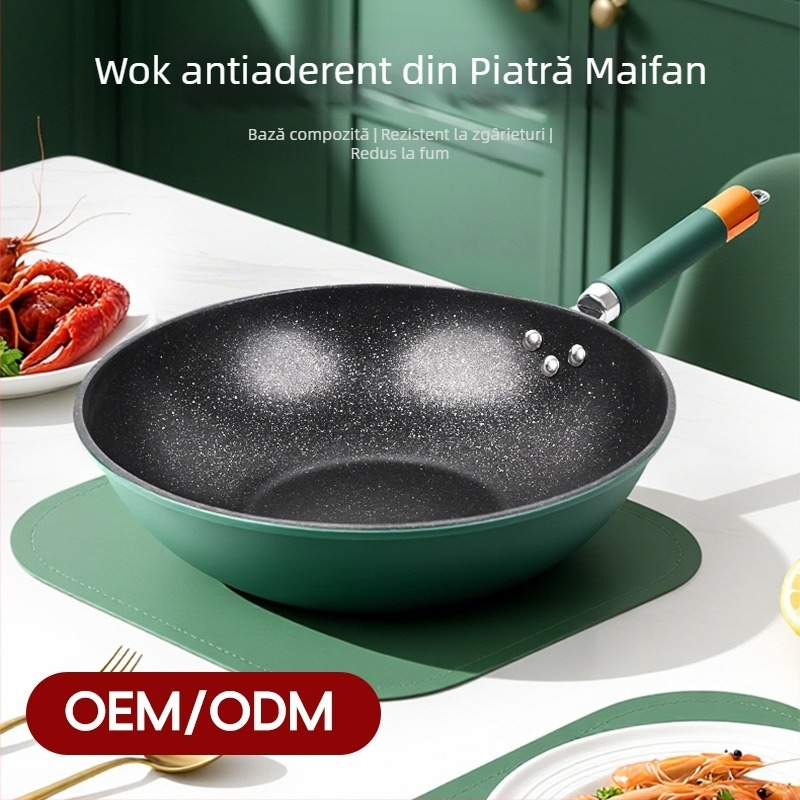 Wok din oțel rafinat cu strat antiaderent (Fund plat întărit; Compatibil cu plite cu inducție și gaz; Greutate 1,2 kg)