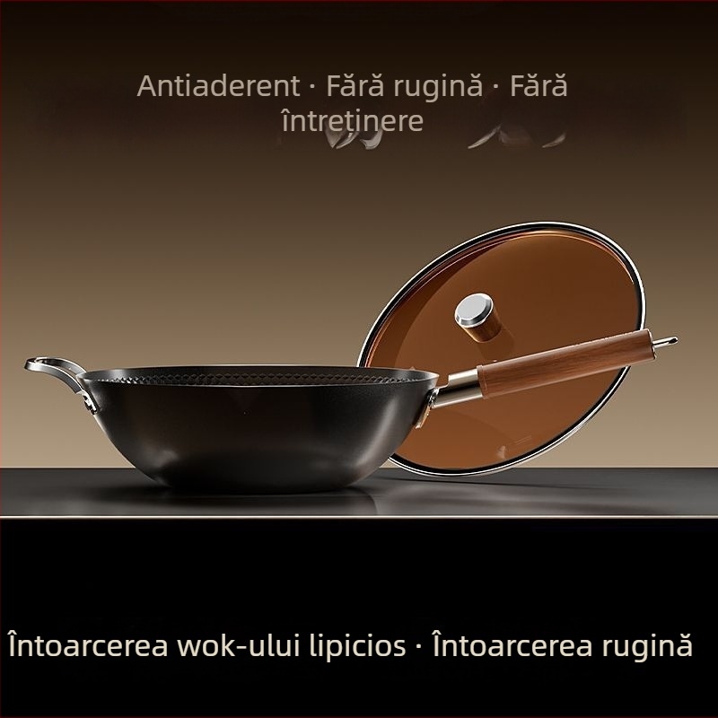 Wok din fier forjat, suprafață antiaderentă, bază unică, compatibil cu plitele universale