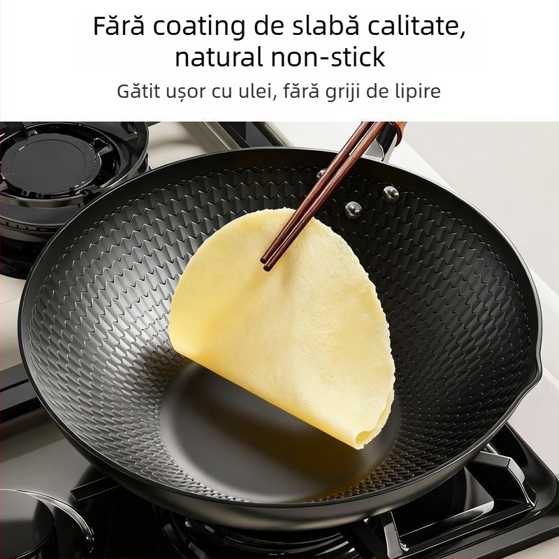 Wok din fier forjat, suprafață antiaderentă, bază unică, compatibil cu plitele universale