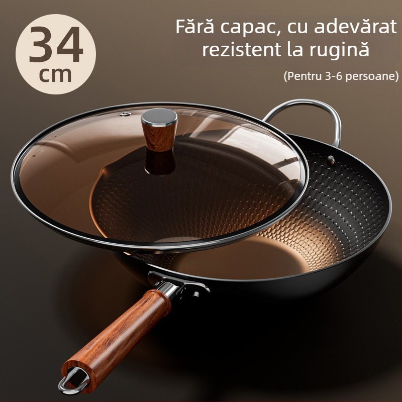 Wok din fier forjat, suprafață antiaderentă, bază unică, compatibil cu plitele universale