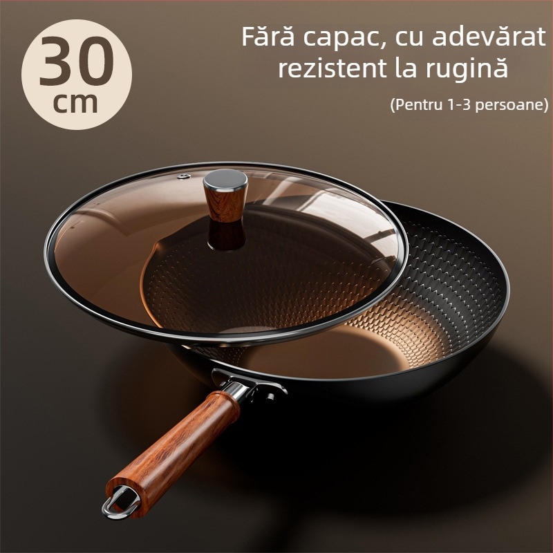 Wok din fier forjat, suprafață antiaderentă, bază unică, compatibil cu plitele universale