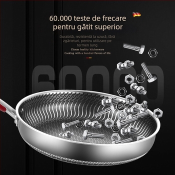 Tigaie din oțel INOX 316L, fără acoperire, cu fund multiplu, compatibilă cu plite cu inducție și gaz, capac din oțel INOX cu geam