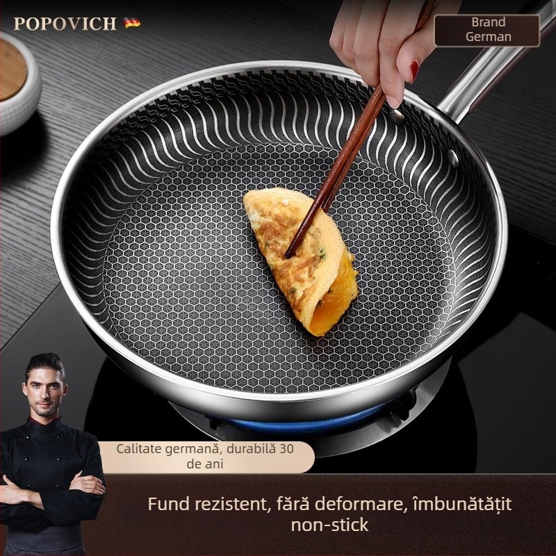 Tigaie din oțel INOX 316L, fără acoperire, cu fund multiplu, compatibilă cu plite cu inducție și gaz, capac din oțel INOX cu geam