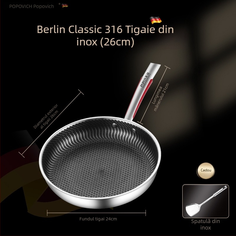 Tigaie din oțel INOX 316L, fără acoperire, cu fund multiplu, compatibilă cu plite cu inducție și gaz, capac din oțel INOX cu geam