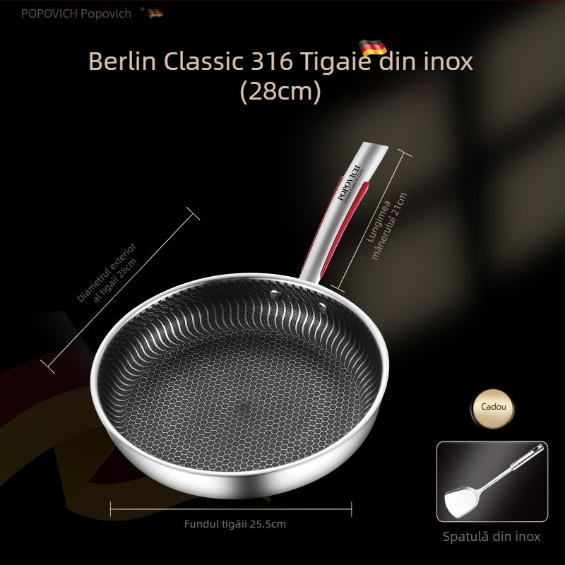 Tigaie din oțel INOX 316L, fără acoperire, cu fund multiplu, compatibilă cu plite cu inducție și gaz, capac din oțel INOX cu geam