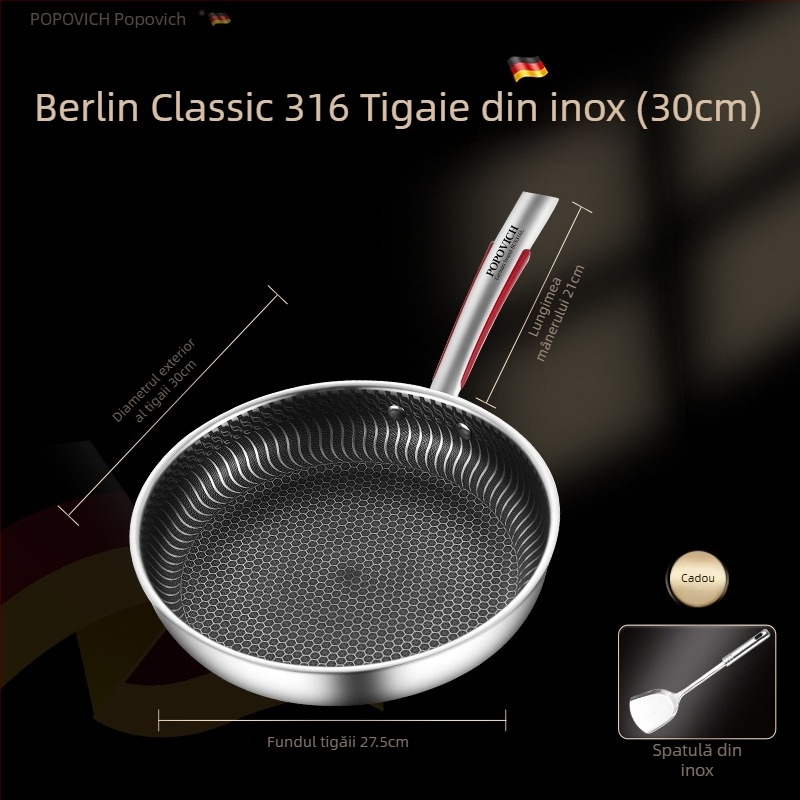Tigaie din oțel INOX 316L, fără acoperire, cu fund multiplu, compatibilă cu plite cu inducție și gaz, capac din oțel INOX cu geam