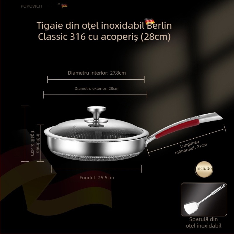 Tigaie din oțel INOX 316L, fără acoperire, cu fund multiplu, compatibilă cu plite cu inducție și gaz, capac din oțel INOX cu geam