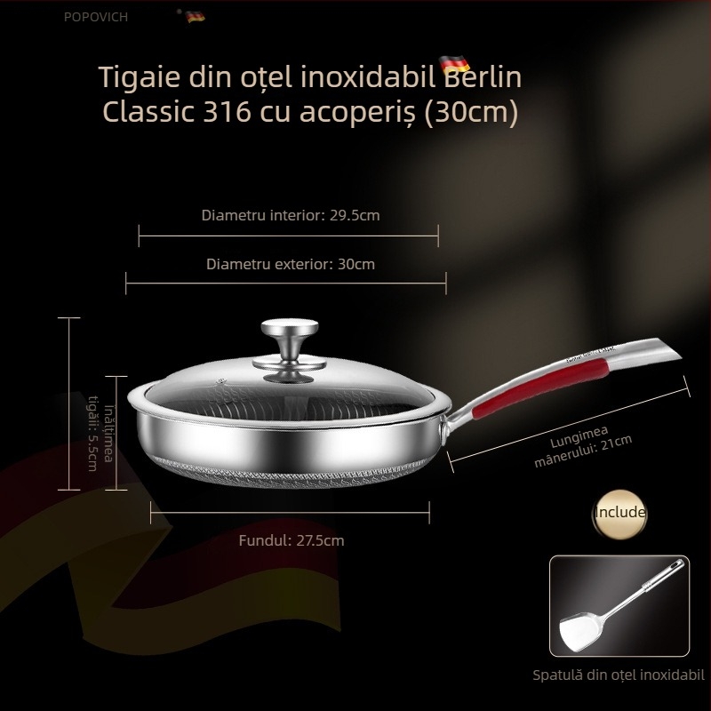 Tigaie din oțel INOX 316L, fără acoperire, cu fund multiplu, compatibilă cu plite cu inducție și gaz, capac din oțel INOX cu geam