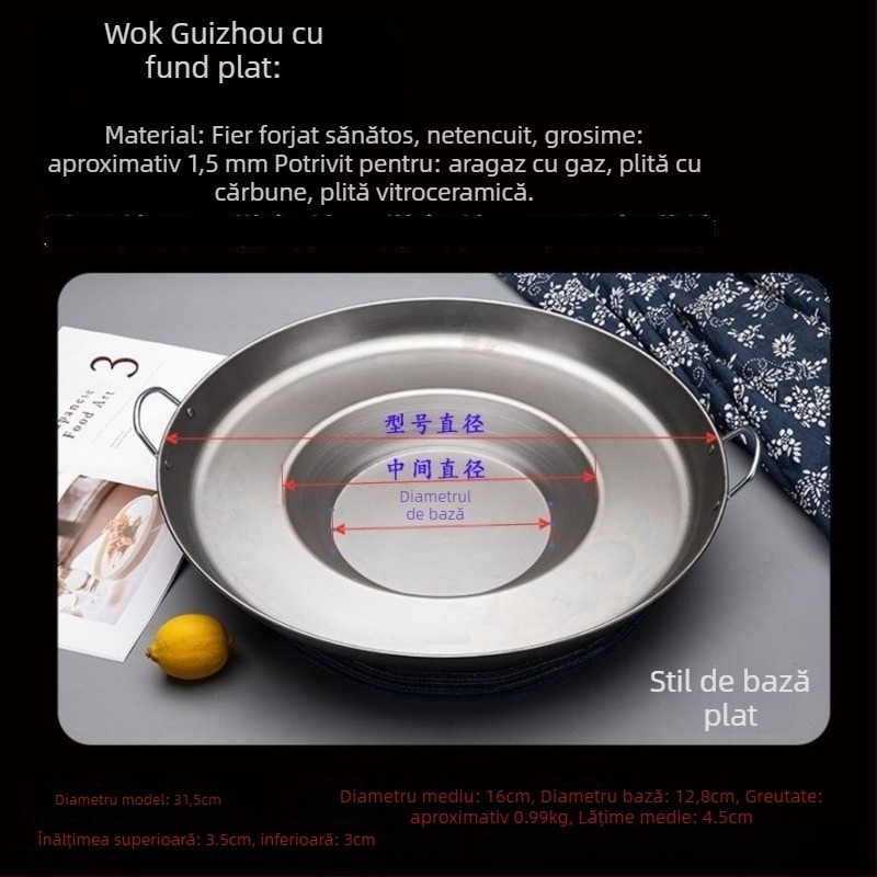 Tigaie wok cu fund concav, din fier rafinat, netencuită, capac din oțel inoxidabil