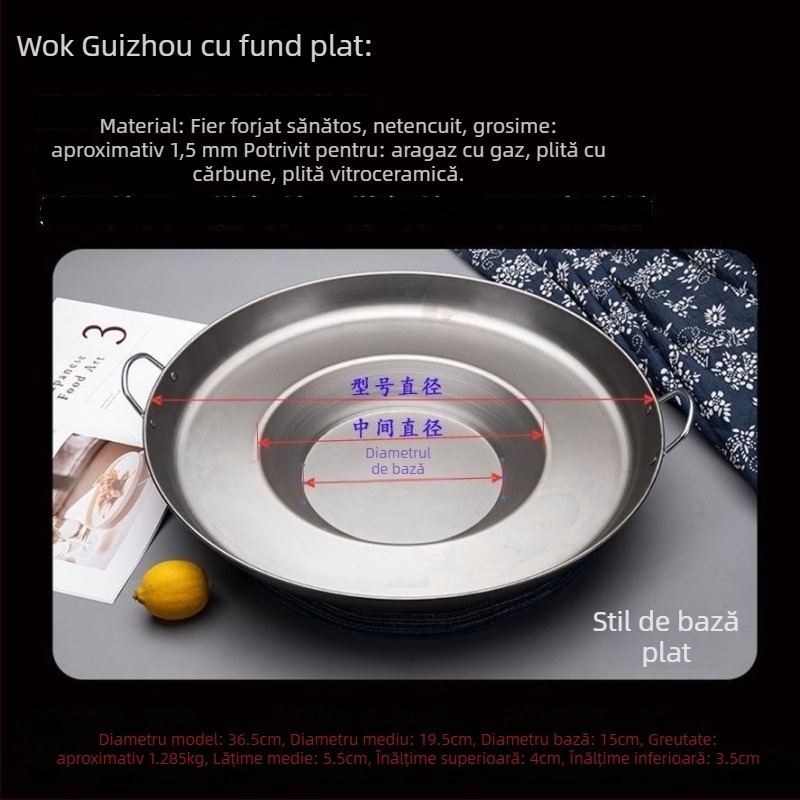 Tigaie wok cu fund concav, din fier rafinat, netencuită, capac din oțel inoxidabil