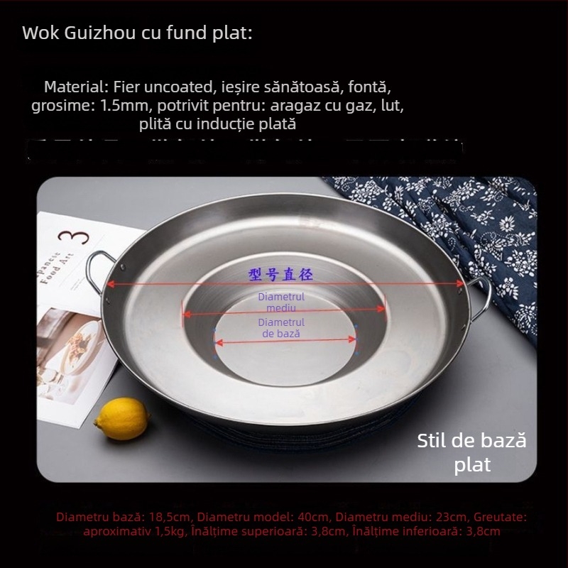 Tigaie wok cu fund concav, din fier rafinat, netencuită, capac din oțel inoxidabil