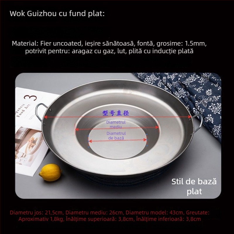 Tigaie wok cu fund concav, din fier rafinat, netencuită, capac din oțel inoxidabil
