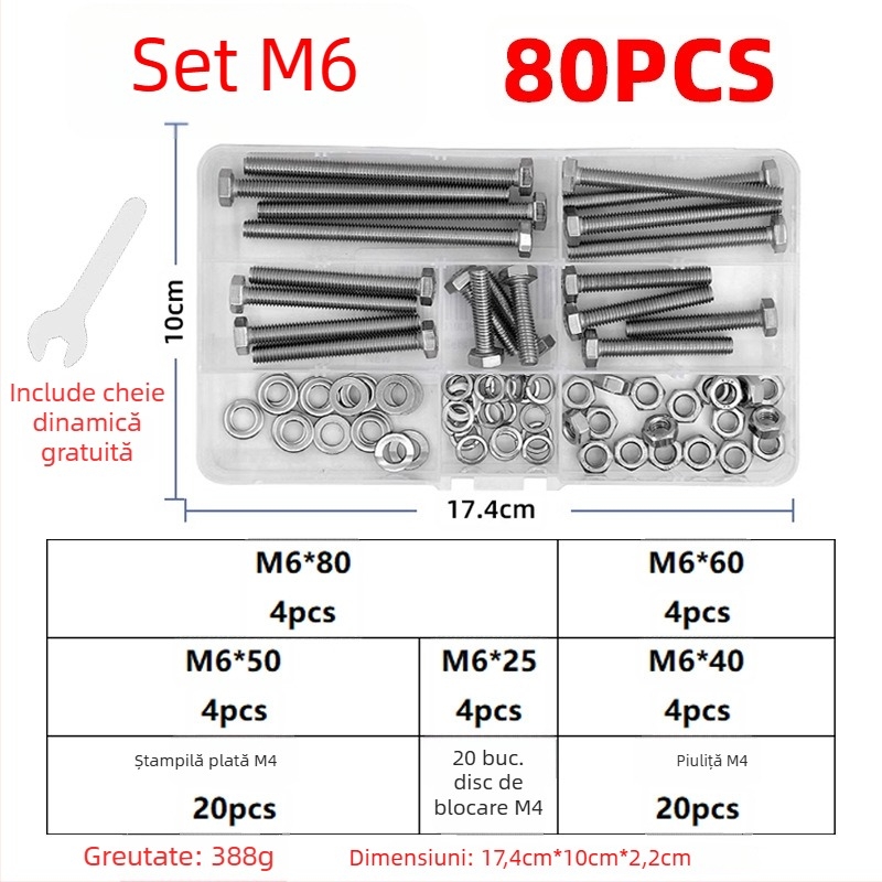 Set de șuruburi cu hex extern Lingding hardware, oțel inoxidabil 304, A2-70, Standard Național