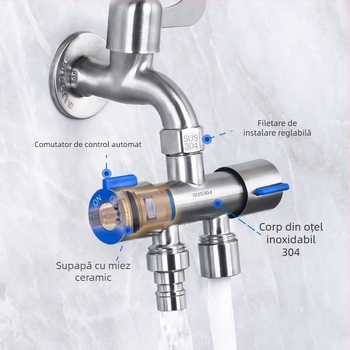 Supapă unghiulară din oțel inoxidabil 304, dublu control, 1 intrare, 2 ieșiri, distribuitor de apă cu 3 căi și întrerupător, montaj pe perete