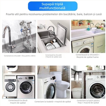 Supapă unghiulară din oțel inoxidabil 304, dublu control, 1 intrare, 2 ieșiri, distribuitor de apă cu 3 căi și întrerupător, montaj pe perete