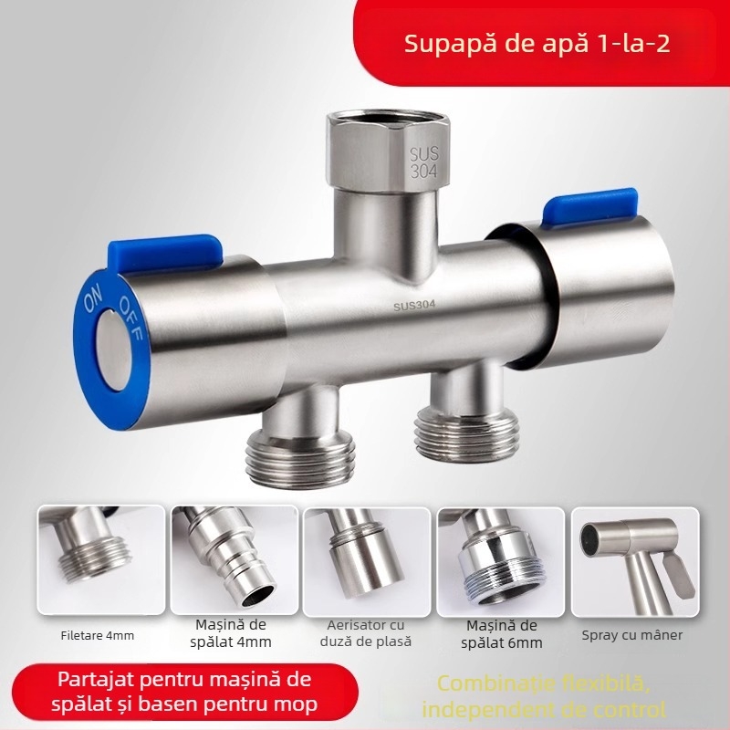 Supapă unghiulară din oțel inoxidabil 304, dublu control, 1 intrare, 2 ieșiri, distribuitor de apă cu 3 căi și întrerupător, montaj pe perete