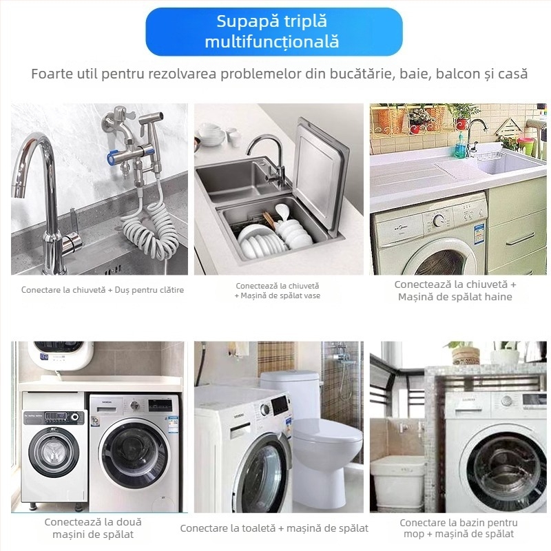 Supapă unghiulară din oțel inoxidabil 304, dublu control, 1 intrare, 2 ieșiri, distribuitor de apă cu 3 căi și întrerupător, montaj pe perete