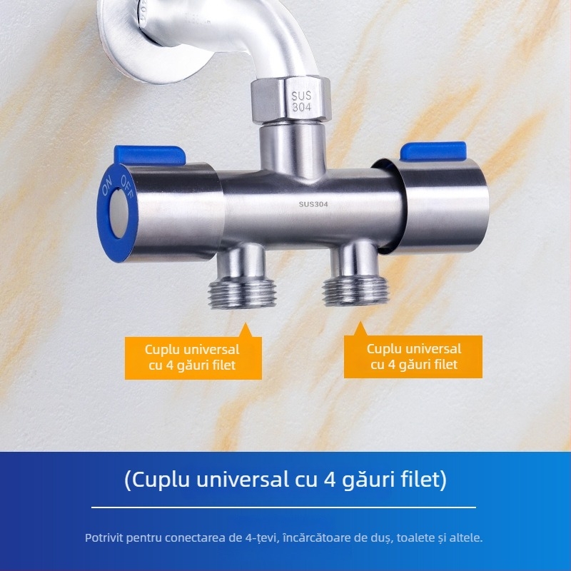 Supapă unghiulară din oțel inoxidabil 304, dublu control, 1 intrare, 2 ieșiri, distribuitor de apă cu 3 căi și întrerupător, montaj pe perete