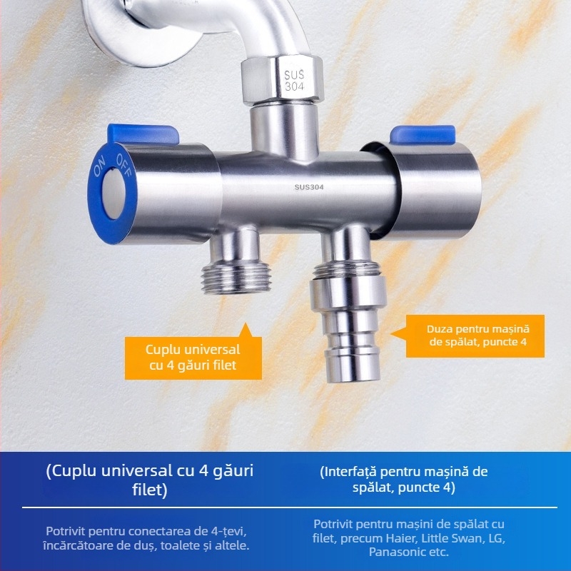 Supapă unghiulară din oțel inoxidabil 304, dublu control, 1 intrare, 2 ieșiri, distribuitor de apă cu 3 căi și întrerupător, montaj pe perete